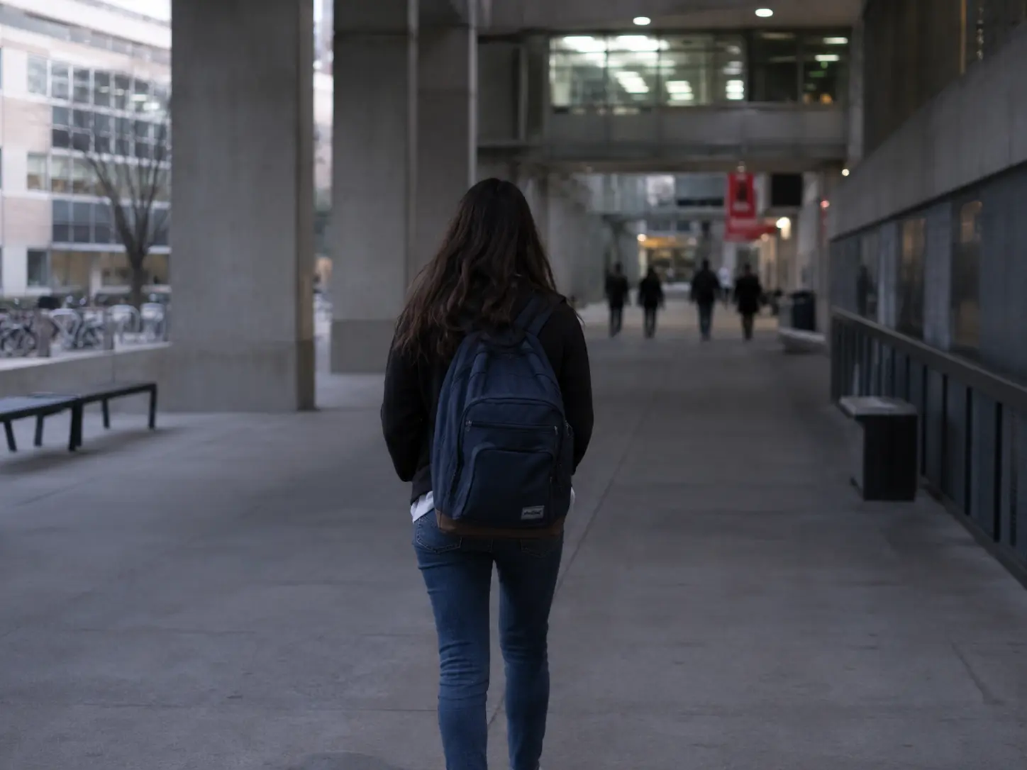 A college student seen from behind, walking away alone with a backpack down a cold concrete campus walkway as other students pass in the distance.