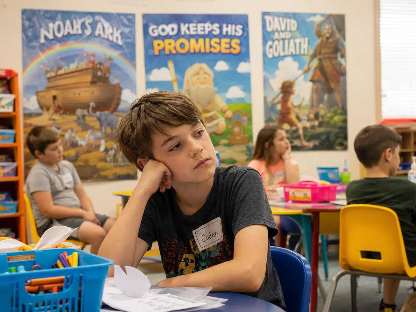A boy around 10 rests his head on his hand, quietly bored and distracted, in a colorful Sunday School classroom with Noah's Ark and David and Goliath posters while other children sit disengaged.