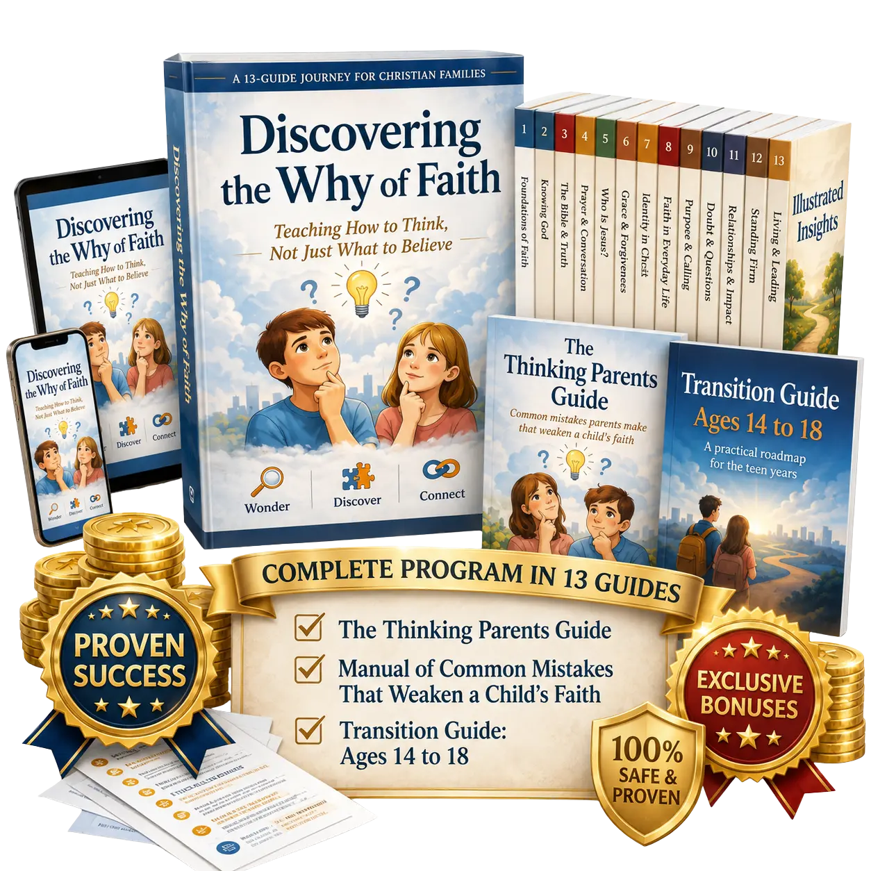 The complete Discovering the Why of Faith program: the main book, all 13 illustrated guides, tablet and phone editions, the Thinking Parents Guide and Transition Guide bonuses, with Proven Success and 100% Safe trust badges.